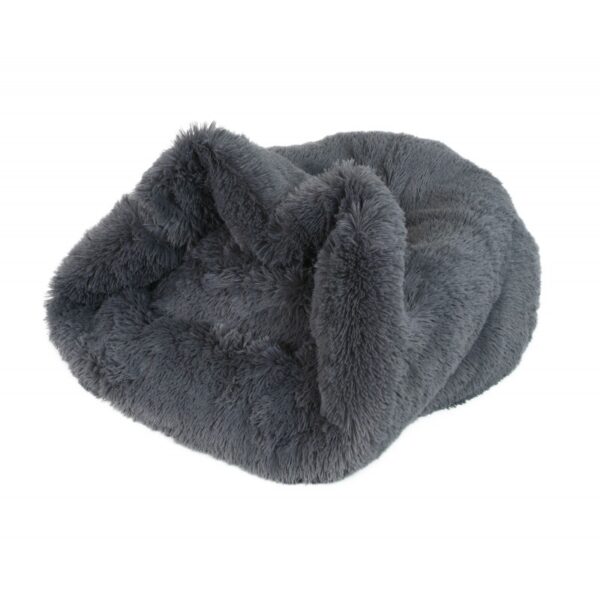 cama saco color gris con textura de peluche especial para caniches toy y caniche mini toy